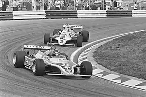 Laffite in the JS17 leading Carlos Reutemann at the 1981 Dutch Grand Prix