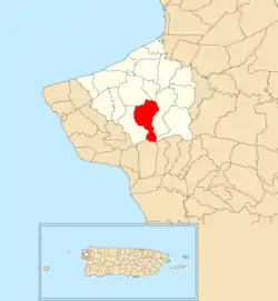 Location of Lagunas within the municipality of Aguada shown in red