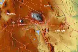 Lake in area below and to south east of Mount Kilimanjaro on the Tanzania and Kenya border.