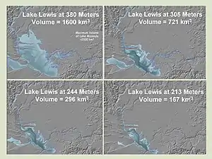 This photo shows four profiles of Lake Lewis at various flood levels. It illustrates that the lake back flooded several valleys in which the Touchet Beds were found.