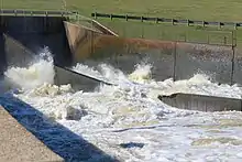 The spillway at Lake Wright Patman during the flood of 2015-2016. After this the Sulphur river flows into Miller county, Arkansas.
