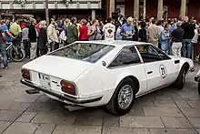 Early Lamborghini Jarama rear view, showing Miura-style knock off magnesium wheels
