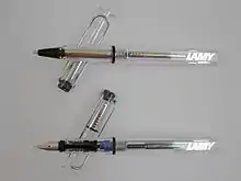 Lamy Vista rollerball pen (top) and Lamy Vista fountain pen.