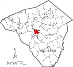 Lancaster city's location in Lancaster County, Pennsylvania