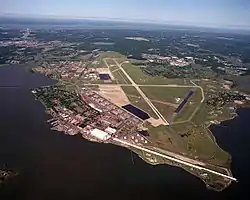 An aerial view showing the airfield element of Joint Base Langley–Eustis during 2011.