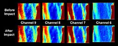 Preliminary, uncalibrated LRO/Diviner thermal maps of the Centaur/LCROSS impact site acquired two hours before the impact, and 90 seconds after the impact. The thermal signature of the impact was clearly detected in all four Diviner thermal mapping channels.