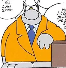 Publicity shot of Le Chat, resting on a bureau; drawn by Philippe Geluck.