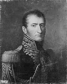 Black and white print of a scowling man wearing a dark military uniform with epaulettes and the high collar typical of the Napoleonic era.