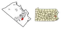 Location of Emmaus in Lehigh County, Pennsylvania (left) and of Lehigh County in Pennsylvania (right)