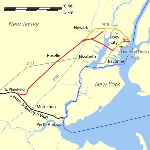 Map of lines approaching the Hudson waterfront from the south; the grey Centeral New Jersey line from Bayonne to Elizabeth was carried by Newark Bay Bridge