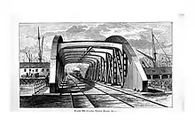 Engraving of the bridge, which has double train tracks on it