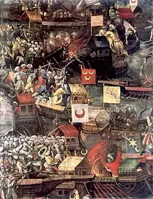 The painting of the 1571 Battle of Lepanto by Tommaso Dolabella (c. 1632) shows a variety of naval flags with crescents attributed to the Ottoman Empire.
