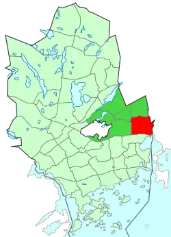 Location of Leppävaara (red) within Espoo (light green) and Suur-Leppävaara (dark green)