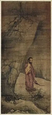Liang Kai (梁楷, 1140–1210), Shakyamuni Emerging from the Mountains, 出山釋迦圖, Hanging scroll, ink and color on silk, 117.6&nbsp;cm ×&nbsp;51.9&nbsp;cm (46.3&nbsp;in ×&nbsp;20.4&nbsp;in), collected by Tokyo National Museum.