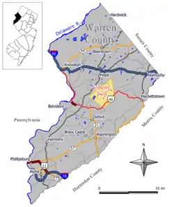 Map of Liberty Township in Warren County. Inset: Location of Warren County highlighted in the State of New Jersey.