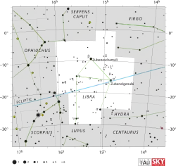 Diagram showing star positions and boundaries of the constellation Libra and its surroundings