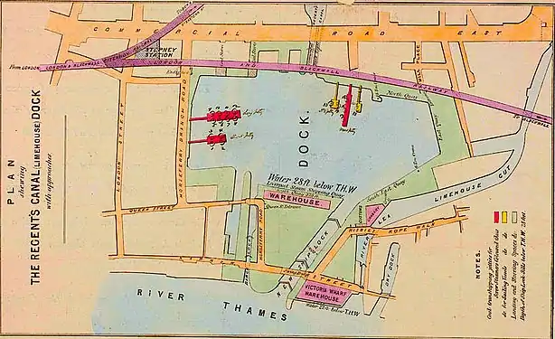 1880 Plan issued by Regent's Canal Company to advertise their dock.  The old ship lock has been closed off.