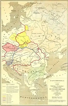 1868 linguistic, ethnographic, and political map of Eastern Europe by Casimir Delamarre .mw-parser-output .legend{page-break-inside:avoid;break-inside:avoid-column}.mw-parser-output .legend-color{display:inline-block;min-width:1.25em;height:1.25em;line-height:1.25;margin:1px 0;text-align:center;border:1px solid black;background-color:transparent;color:black}.mw-parser-output .legend-text{}&nbsp;&nbsp;Ruthenians and Ruthenian language