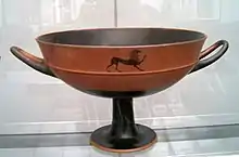 Lip cup by the potter Tleson with signature ("Tleson, son of nearchos, made me"), c. 540 BC, now in the Munich State Collection of Antiquities