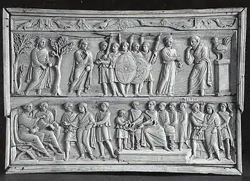 Palatine insignia on the shields of the soldiers in the Arrest of Christ on the Brescia Casket, late 4th century.