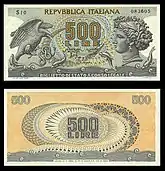 500&nbsp;lire – obverse and reverse – printed in 1966