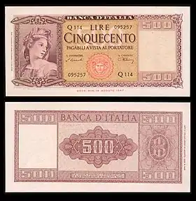 500&nbsp;lire – obverse and reverse – printed in 1947
