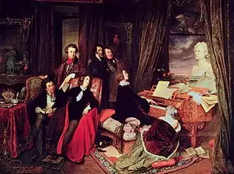 Image 16Josef Danhauser's 1840 painting of Franz Liszt at the piano surrounded by (from left to right) Alexandre Dumas, Hector Berlioz, George Sand, Niccolò Paganini, Gioachino Rossini and Marie d'Agoult, with a bust of Ludwig van Beethoven on the piano (from Romantic music)