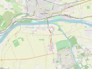 Leitmeritz and Theresienstadt on opposite sides of the Elbe; Small Fortress is on the right of the Eger; the Main Fortress on the left of the river housed the ghetto.Plch & Plch 2018, pp. 79, 82–83.