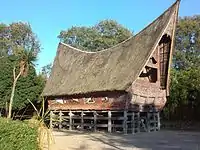 Bolon House of Batak people in North Sumatra, traditional house in ancient Austronesian architectural style