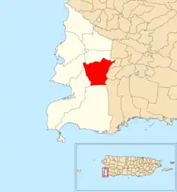 Location of Llanos Tuna within the municipality of Cabo Rojo shown in red