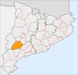 Location of Les Garrigues (in blue) within Catalonia