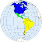 UN geoscheme for the Americas .mw-parser-output .legend{page-break-inside:avoid;break-inside:avoid-column}.mw-parser-output .legend-color{display:inline-block;min-width:1.25em;height:1.25em;line-height:1.25;margin:1px 0;text-align:center;border:1px solid black;background-color:transparent;color:black}.mw-parser-output .legend-text{} Caribbean .mw-parser-output .legend{page-break-inside:avoid;break-inside:avoid-column}.mw-parser-output .legend-color{display:inline-block;min-width:1.25em;height:1.25em;line-height:1.25;margin:1px 0;text-align:center;border:1px solid black;background-color:transparent;color:black}.mw-parser-output .legend-text{} Central America .mw-parser-output .legend{page-break-inside:avoid;break-inside:avoid-column}.mw-parser-output .legend-color{display:inline-block;min-width:1.25em;height:1.25em;line-height:1.25;margin:1px 0;text-align:center;border:1px solid black;background-color:transparent;color:black}.mw-parser-output .legend-text{} Northern America .mw-parser-output .legend{page-break-inside:avoid;break-inside:avoid-column}.mw-parser-output .legend-color{display:inline-block;min-width:1.25em;height:1.25em;line-height:1.25;margin:1px 0;text-align:center;border:1px solid black;background-color:transparent;color:black}.mw-parser-output .legend-text{} South America