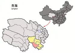 Darlag / Dari County (light red) within Golog Prefecture (yellow) and Qinghai