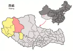 (outdated map)Location of Gêrzê County (red) within Ngari Prefecture (yellow) and the Tibet A.R.