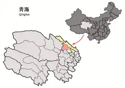 Gangca / Gangcha County (light red) within Haibei Prefecture (yellow) and Qinghai