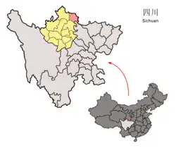 Location of Jiuzhaigou County (light red) in Aba (yellow) and Sichuan (light gray)
