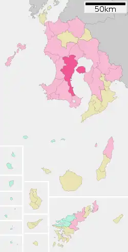 Location of Kagoshima in Kagoshima Prefecture