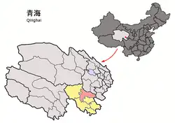 Maqên/Maqin County (light red) within Golog Prefecture (yellow) and Qinghai