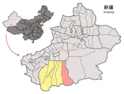 Minfeng County (red) in Hotan Prefecture (yellow) and Xinjiang