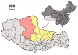 Location of Nyima County within Tibet (outdated map, shows the situation in 2007, before the establishment of Shuanghu County in 2012)
