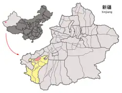 Location of Jiashi / Peyziwat County (red) and Kashgar Prefecture (yellow) within Xinjiang
