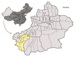 Location of Poskam / Zepu County (pink) within Kashgar Prefecture (yellow) and Xinjiang