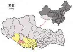 Location of Saga County (red) within Shigatse City (yellow) and the Tibet AR