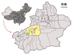 Location of Xinhe / Toksu County (red) within Aksu Prefecture (yellow) and Xinjiang