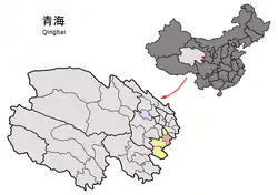 Tongren County (light red) within Huangnan Prefecture (yellow) and Qinghai
