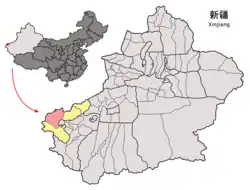 Wuqia/Ulugqat County (red) within Kizilsu Prefecture (yellow) and Xinjiang