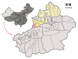 Mongolküre County (red) within Ili Prefecture (yellow) and Xinjiang