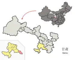 Zhouqu County (pink) within Gannan Prefecture (yellow) and Gansu
