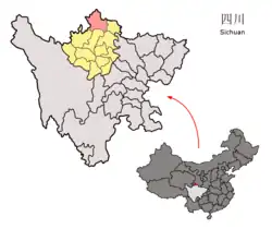 Ruoergai County (pink) in Ngawa Prefecture (yellow) and Sichuan