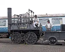 A modern replica of Locomotion, showing the features it introduced of external coupling rods and Hackworth's stronger two-piece disc wheels